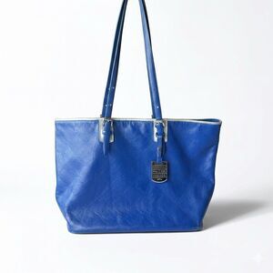 Longchamp LM Cuir Tote Leather Handbag Shoulder Bag Blue Embossed Horse Pattern